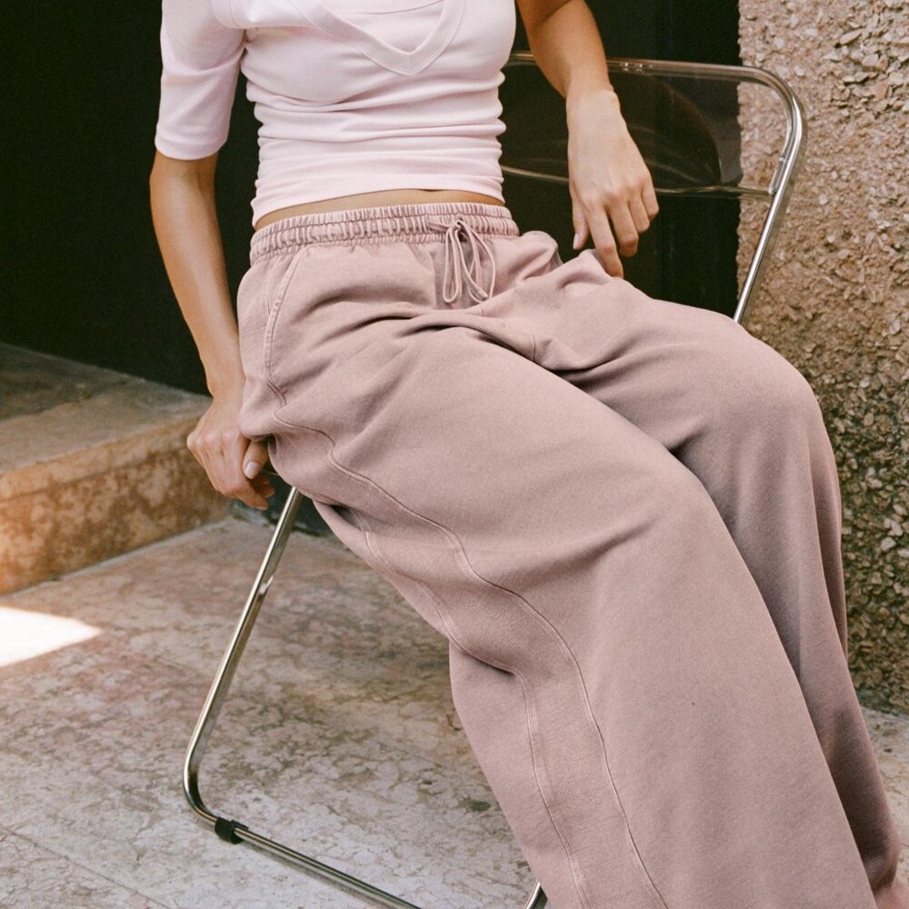 ZARA Washed Effect Rib Combo Baggy Wide Leg Sweatpants - Mauve Pink Purple - S